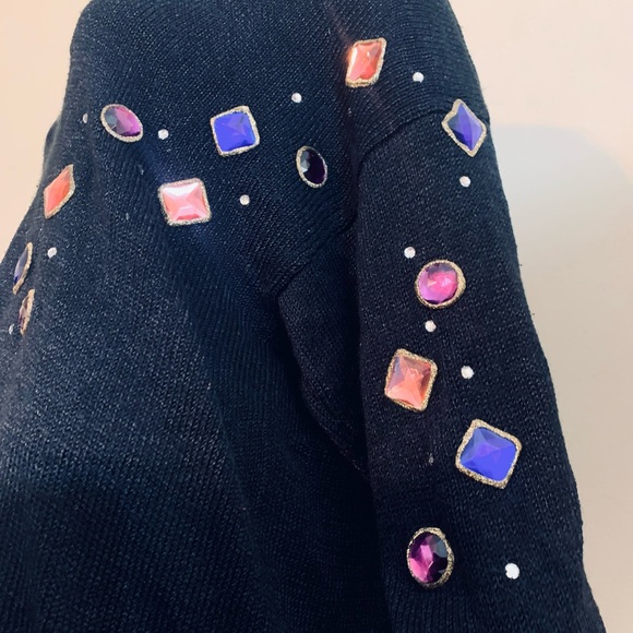 Vintage HAND-LOOMED Dressy Sweater,SLENDERIZING Black with Large Sparkling Gems! - Picture 8 of 12